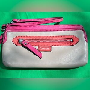 Coach Leather Double Zip Wristlet / Wallet in Sand with Neon Pink & Orange Trim